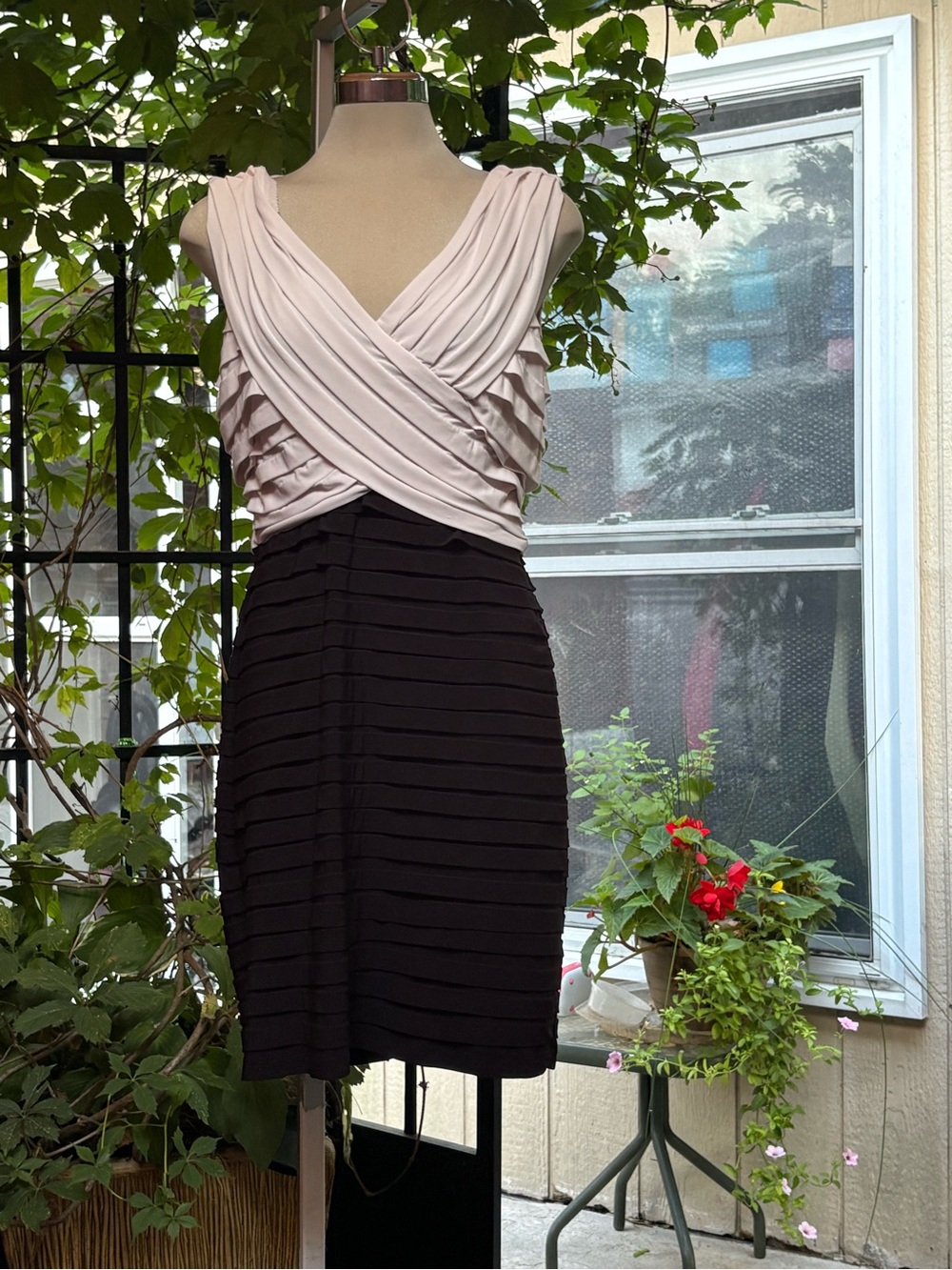 Scarlett Nite Two-Tone Pleated Crossover Midi Dress in Blush and Black Size 14
